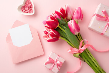 Obraz na płótnie Canvas Mother's Day concept. Top view photo of bouquet of tulips tied with ribbon gift boxes open envelope with letter and heart shaped saucer with sprinkles on isolated pastel pink background with copyspace