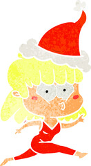 retro cartoon of a woman running wearing santa hat