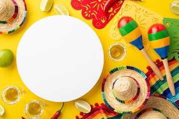 Cinco-de-mayo concept. Top view photo of white circle tequila lime sombrero colorful striped serape...