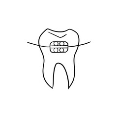 Vector illustration. Dentist's tools. Black outline on a white background. Tooth with bracket