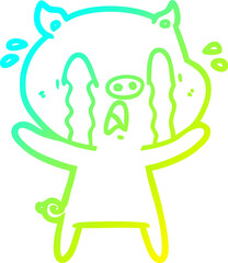 cold gradient line drawing crying pig cartoon