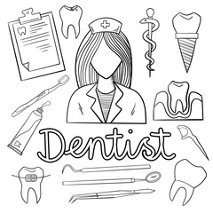 set of hand drawn illustrations Vector illustration. Dentist tools set, toothbrush, implant, dental braces, paste, dentist tools outline icons - vector illustration