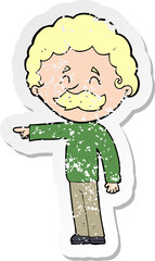 retro distressed sticker of a cartoon man with mustache pointing