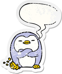 cartoon penguin tapping foot and speech bubble distressed sticker