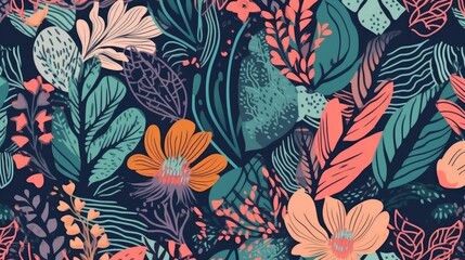 Modern three-color tropical floral pattern featuring a unique golden ratio composition, blending hand-drawn botanical elements and contemporary abstract design for a seamless print. Conceived by AI.