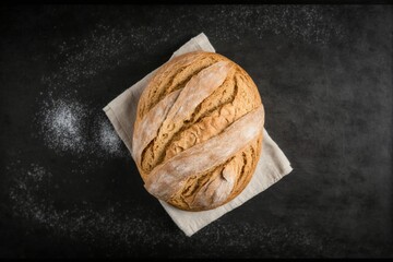 bread on a blackboard, freshly baked bread on top of tea towel on black stone table