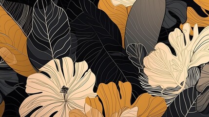 Modern three-color tropical floral pattern featuring a unique golden ratio composition, blending hand-drawn botanical elements and contemporary abstract design for a seamless print. Conceived by AI.