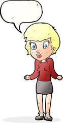 cartoon woman shrugging shoulders with speech bubble