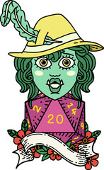 singing half orc bard with natural twenty dice roll illustration