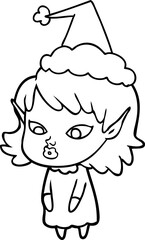 line drawing of a elf girl with pointy ears wearing santa hat