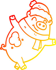 warm gradient line drawing cartoon pig wearing christmas hat