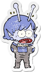 distressed sticker of a cartoon shocked alien girl