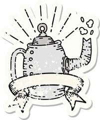 grunge sticker of tattoo style old coffee pot steaming