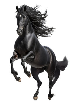 an equestrian-themed photographic illustration of a black stallion horse rearing and running on a transparent background in PNG. T-shirt design. Generative AI