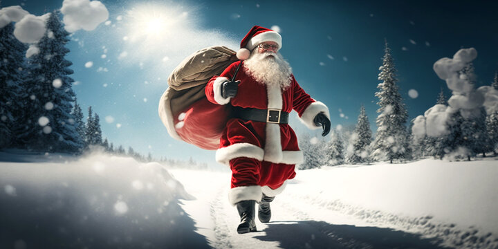 Weihnachtsmann mit Sack voller Geschenke im Winterwald, generative AI