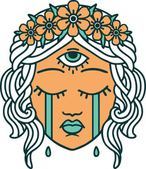 tattoo style icon of female face with third eye crying