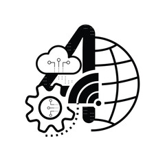 Number 4 font with cloud, globe, wireless and gearwheel icons connected to digital circuit. Fourth Industrial revolution concept. Vector illustration outline flat design style.
