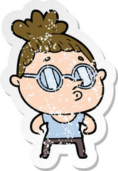 distressed sticker of a cartoon woman wearing glasses