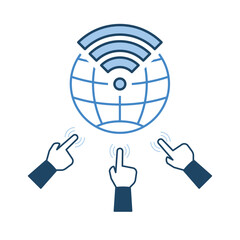 Wireless signal on globe icon with hands touching screen surround. Equal internet access as a human right concept. Vector illustration outline flat design style.