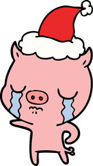 line drawing of a pig crying wearing santa hat