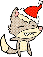 angry wolf comic book style illustration of a wearing santa hat
