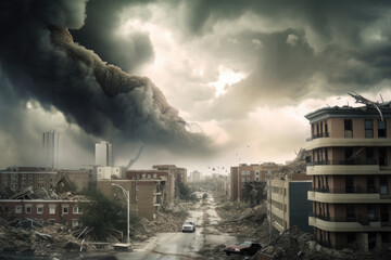 Tornado tearing through a city, with debris flying in the air and buildings collapsing in its path