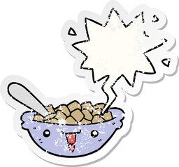cute cartoon bowl of cereal and speech bubble distressed sticker