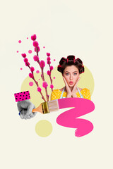 Photo collage metaphor of young charming lady perming her hair preparing date meeting concept painting big brush drawing cotton stem