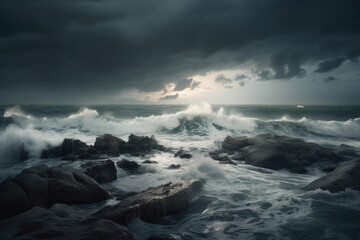 Stormy sea, with dark clouds overhead and waves crashing against the shore - Powered by Adobe