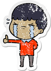 distressed sticker of a cartoon man crying