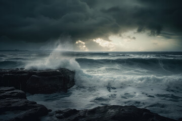 Stormy sea, with dark clouds overhead and waves crashing against the shore