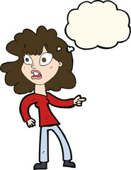 cartoon worried woman pointing with thought bubble