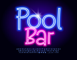 Vector artistic logo Pool Bar. Neon handwritten Font. Blue electric Alphabet Letters, Numbers and Symbols set