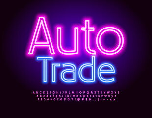 Vector neon sign Auto Trade. Bright neon Font. Glowing Alphabet Letters and Numbers set