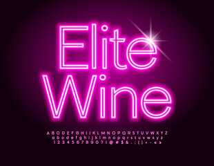 Vector neon poster Elite Wine. Bright glowing Font. Pink Alphabet Letters and Numbers set