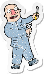 retro distressed sticker of a cartoon mechanic