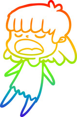 rainbow gradient line drawing cartoon woman talking loudly