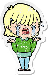 distressed sticker of a cartoon girl crying