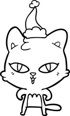 line drawing of a cat wearing santa hat