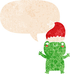 cute christmas frog and speech bubble in retro textured style