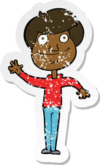 retro distressed sticker of a cartoon happy man waving