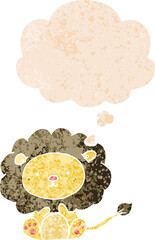 cartoon lion and thought bubble in retro textured style