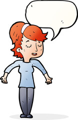 cartoon friendly woman shrugging shoulders with speech bubble