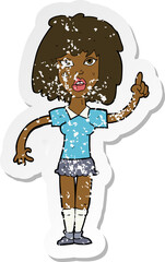 retro distressed sticker of a cartoon tough woman with idea