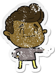 distressed sticker of a happy cartoon man pointing