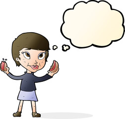 cartoon woman eating hotdogs with thought bubble