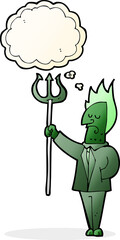 cartoon devil with pitchfork with thought bubble