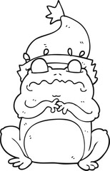 black and white cartoon frog in christmas hat