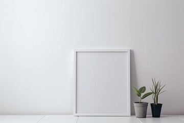 Modern Minimalist Home Style: Empty Picture Frame Hanging On Living Room Wall - Perfect for Mock-up Backgrounds and White Window Interior Design. Generative AI