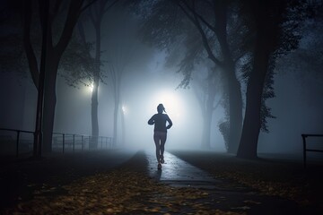 Persisting in the Darkness: A Woman Jogging Alone Through Foggy Park Despite Potential Danger. Generative AI